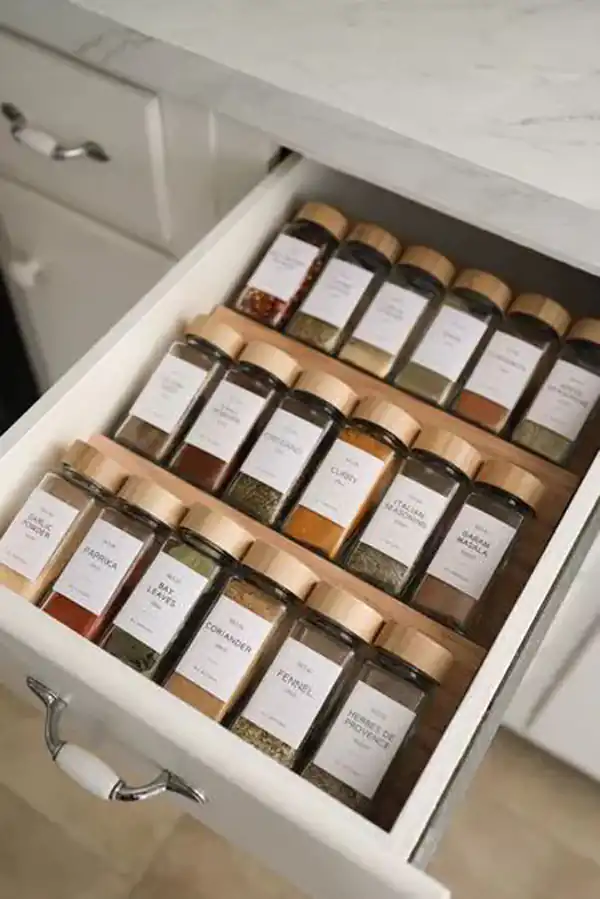 چیدمان ادویه و حبوبات در کابینت