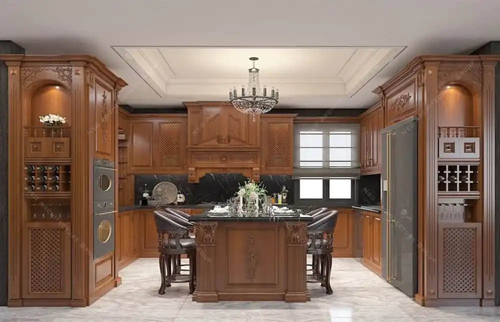 چیدمان آشپزخانه با کابینت قهوه ای