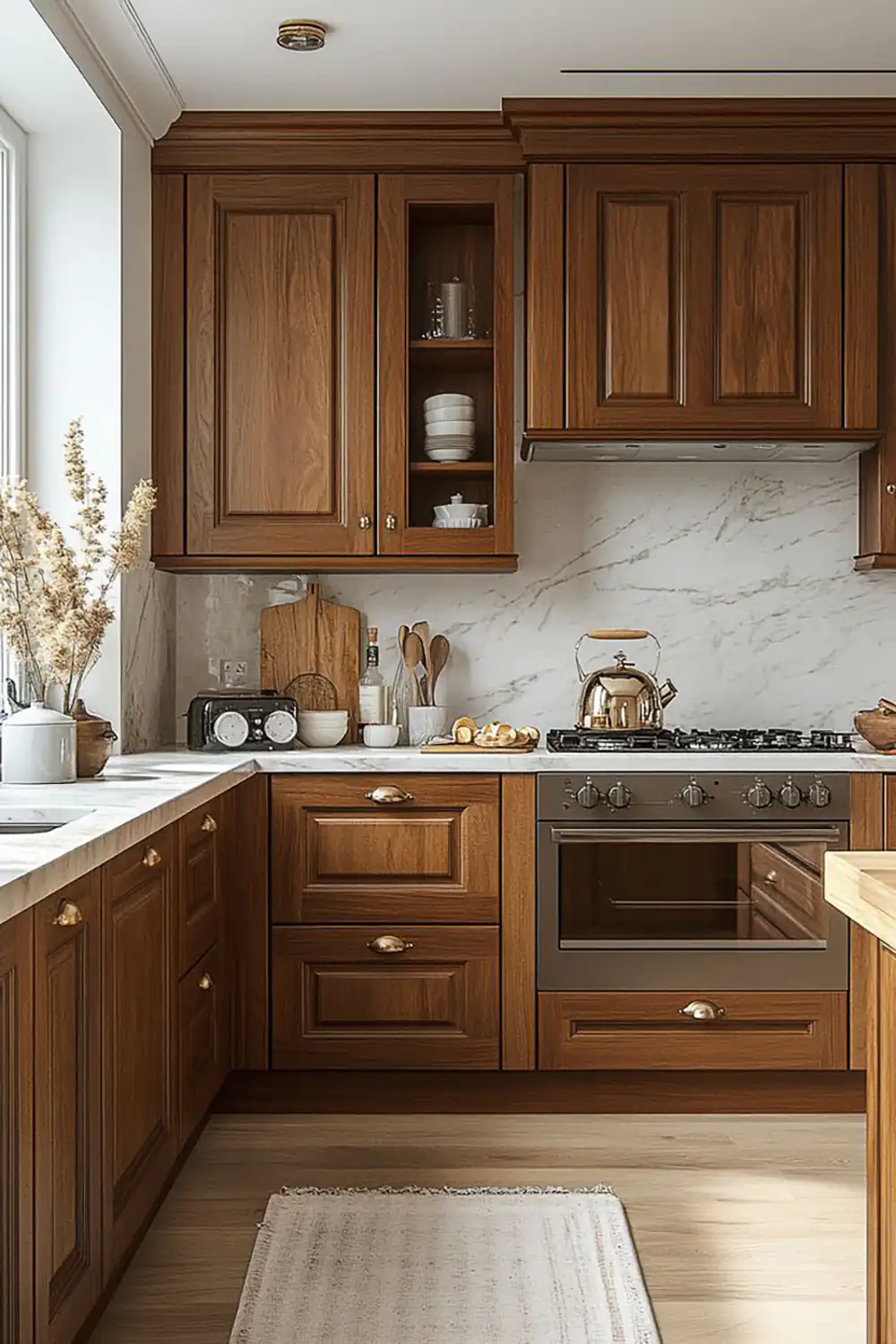 چیدمان آشپزخانه با کابینت قهوه ای
