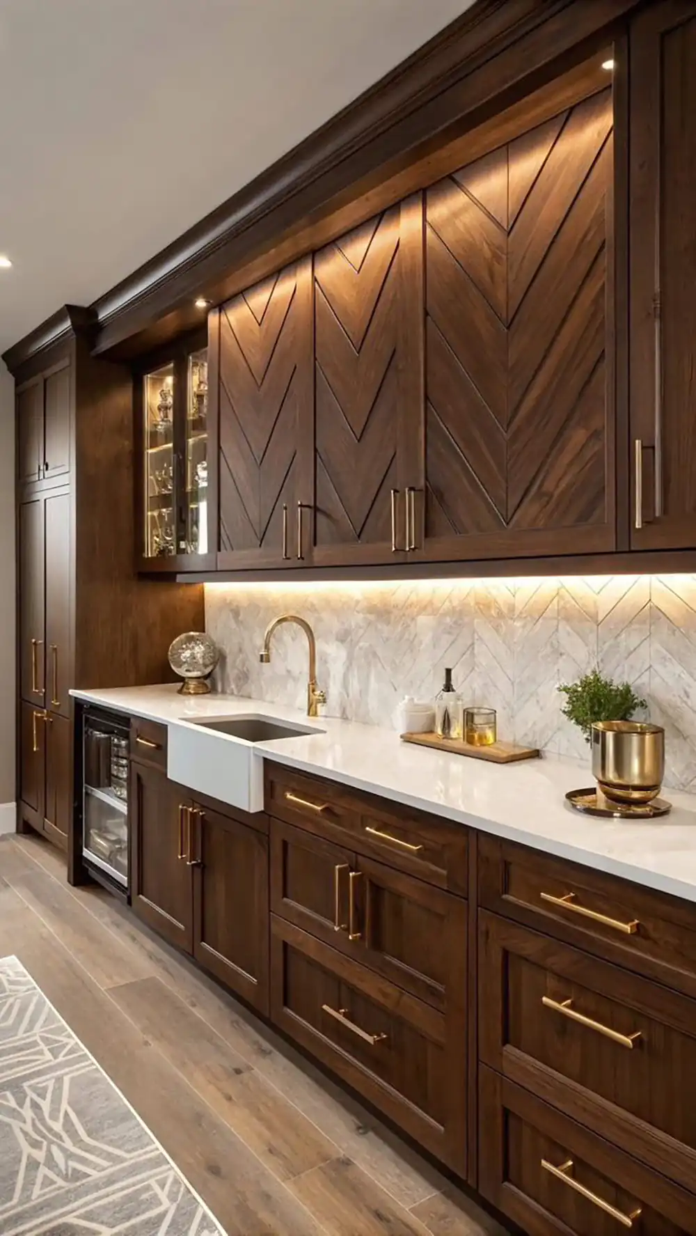 چیدمان آشپزخانه با کابینت قهوه ای