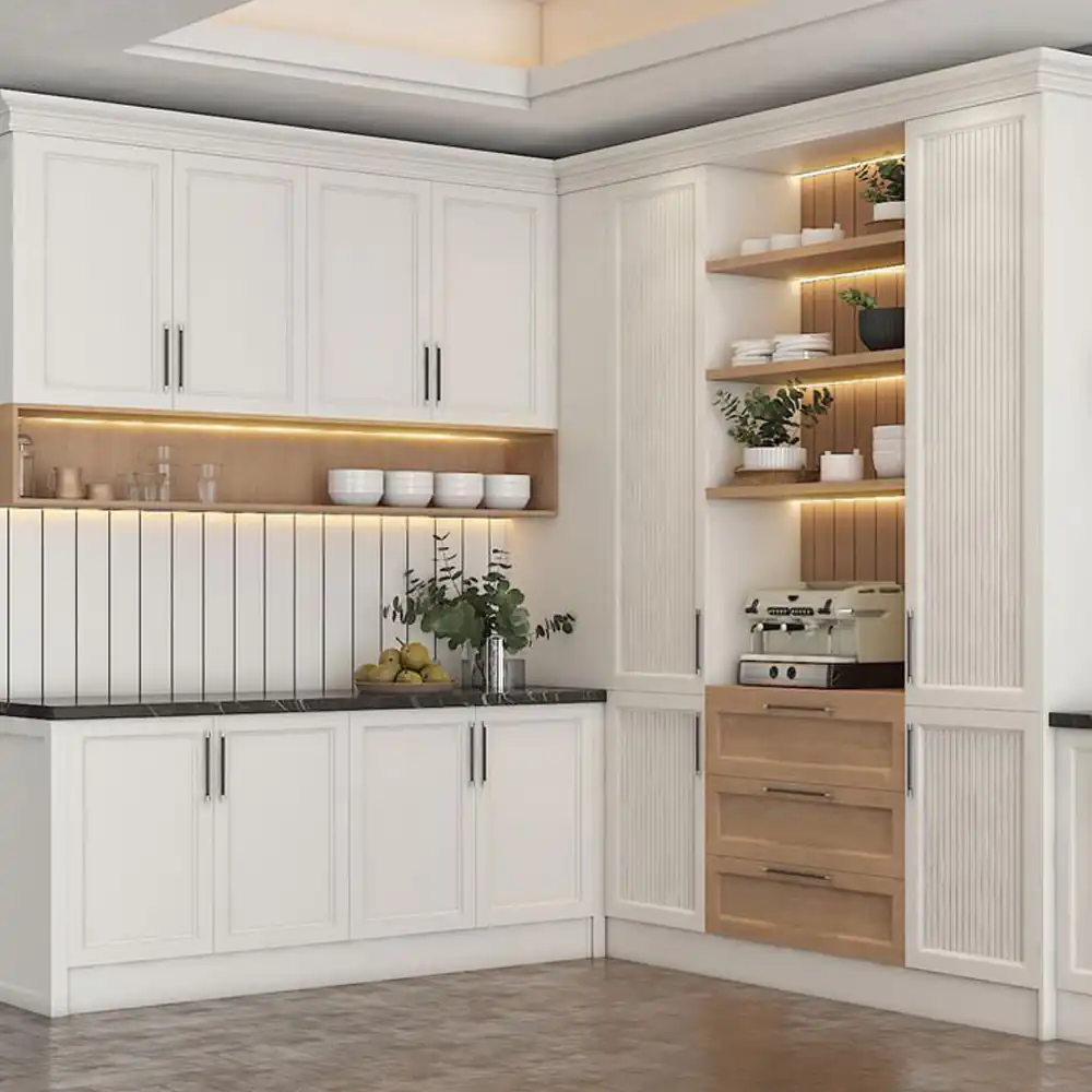 کابینت سفید و رنگ چوب روشن