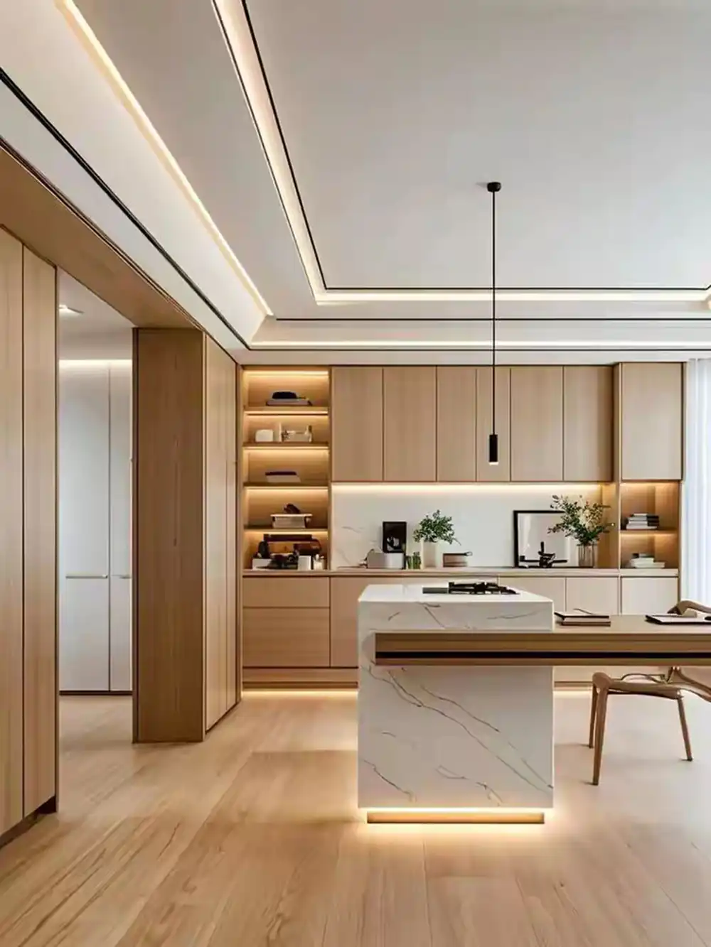 کابینت سفید و رنگ چوب روشن