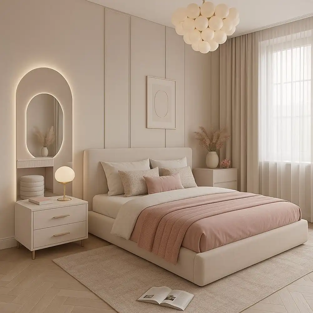 چیدمان تخت خواب و میز آرایش