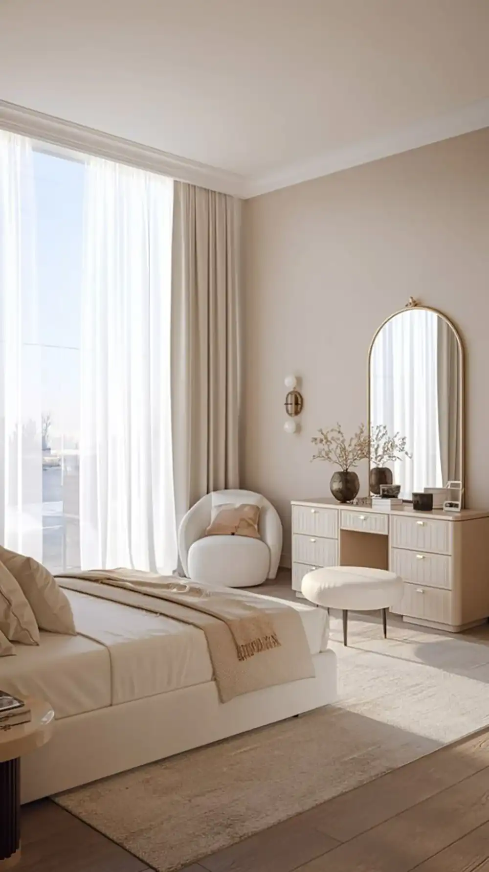 چیدمان تخت خواب و میز آرایش