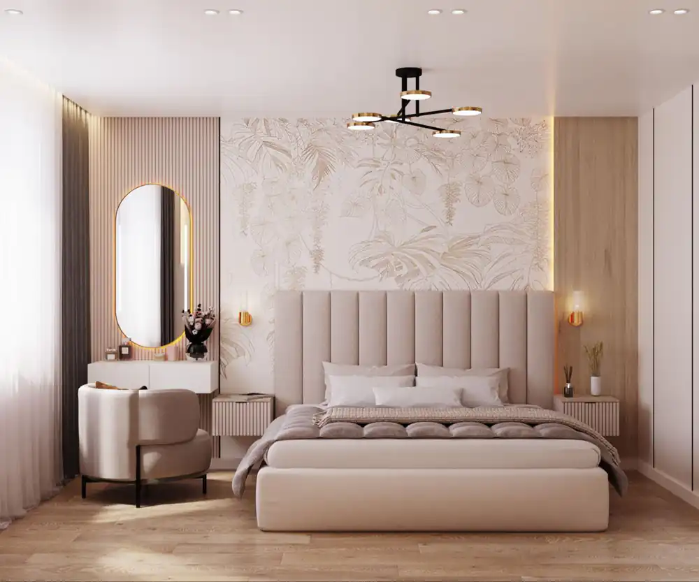 چیدمان تخت خواب و میز آرایش