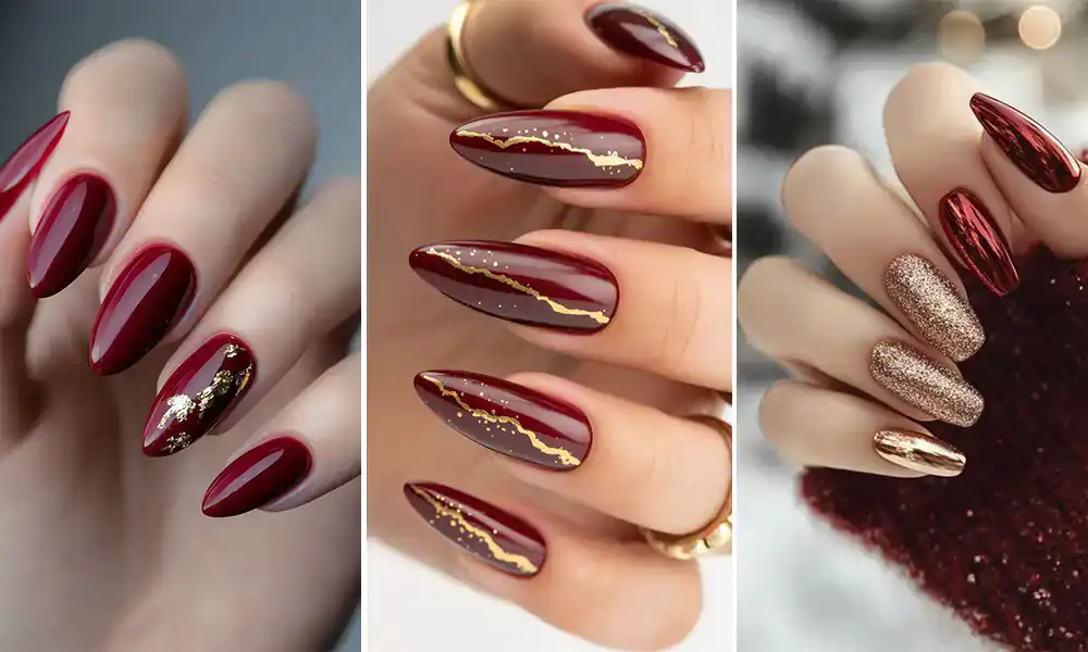 طراحی ناخن قرمز با ورق طلا